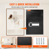 A black electronic drop slot safe mounted on a wall, shown next to a framed artwork and installation instructions.
