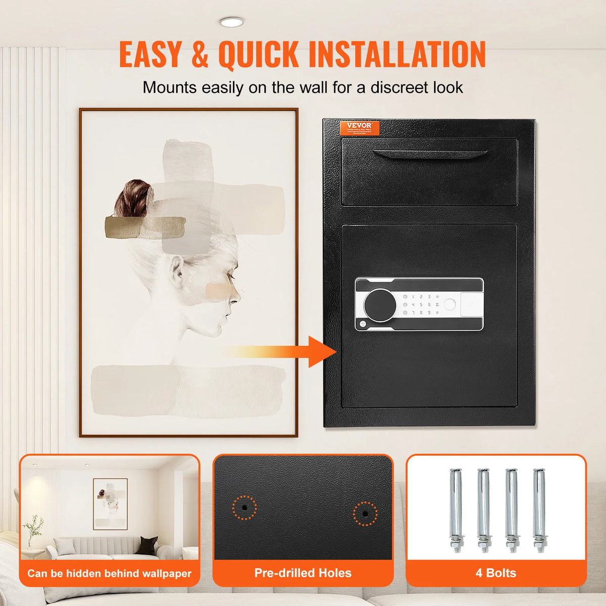 A black electronic drop slot safe mounted on a wall, shown next to a framed artwork and installation instructions.