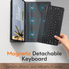 A magnetic detachable keyboard is shown alongside a tablet, demonstrating easy attachment and adjustment.