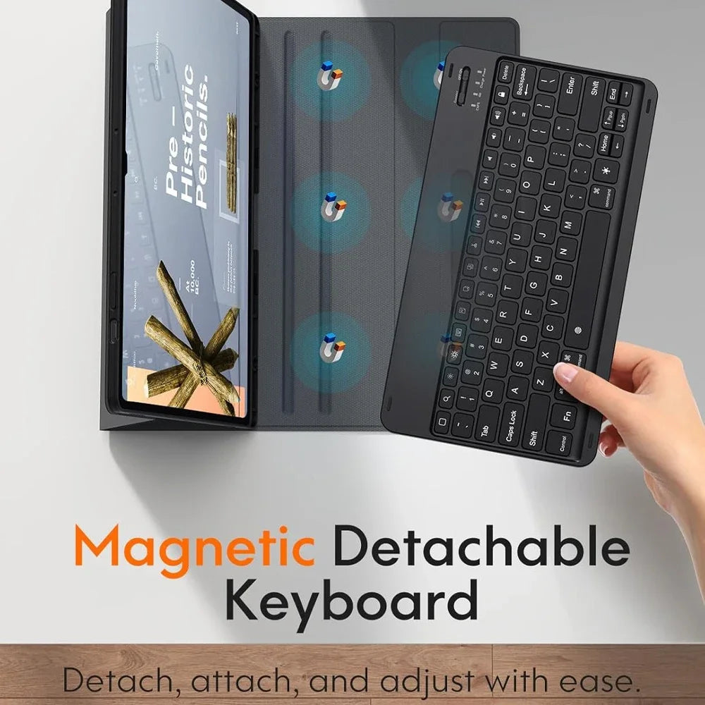 A magnetic detachable keyboard is shown alongside a tablet, demonstrating easy attachment and adjustment.