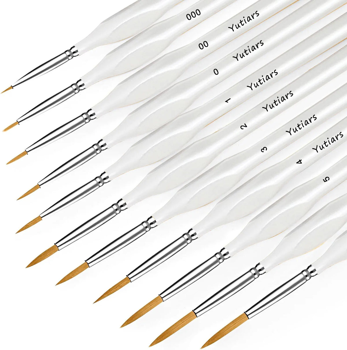 A set of professional miniature paint brushes with numbered handles and tapered tips.