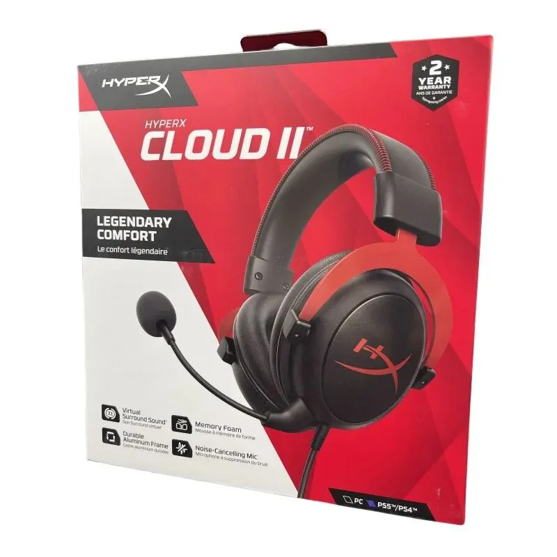 HyperX Cloud II wired gaming headset shown in its box with a red and black design.