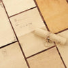 A set of vintage European style letter and invitation envelopes with handwritten notes and a rolled parchment paper.