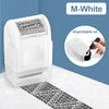 A white reusable confidential roller stamp is shown next to a printed security strip on a white surface.