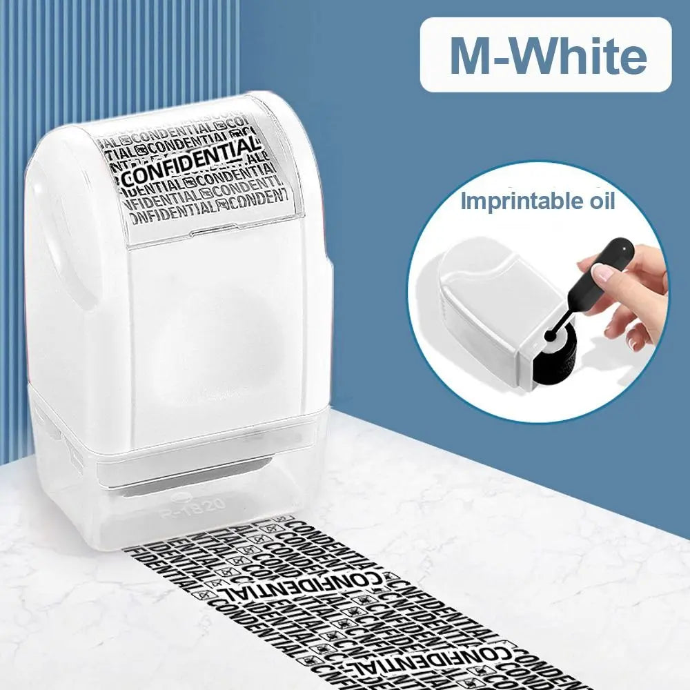 A white reusable confidential roller stamp is shown next to a printed security strip on a white surface.