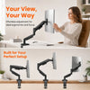 A woman adjusts a fully adjustable monitor arm on a desk, demonstrating its effortless adjustment for ergonomics and focus.