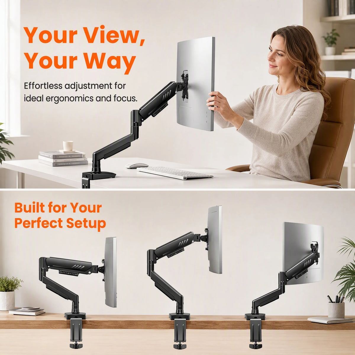A woman adjusts a fully adjustable monitor arm on a desk, demonstrating its effortless adjustment for ergonomics and focus.