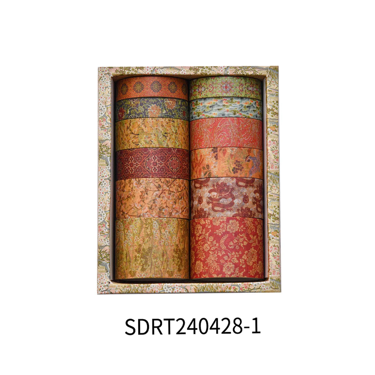 A set of vintage floral washi tape rolls in various earthy and reddish tones displayed in a wooden frame.