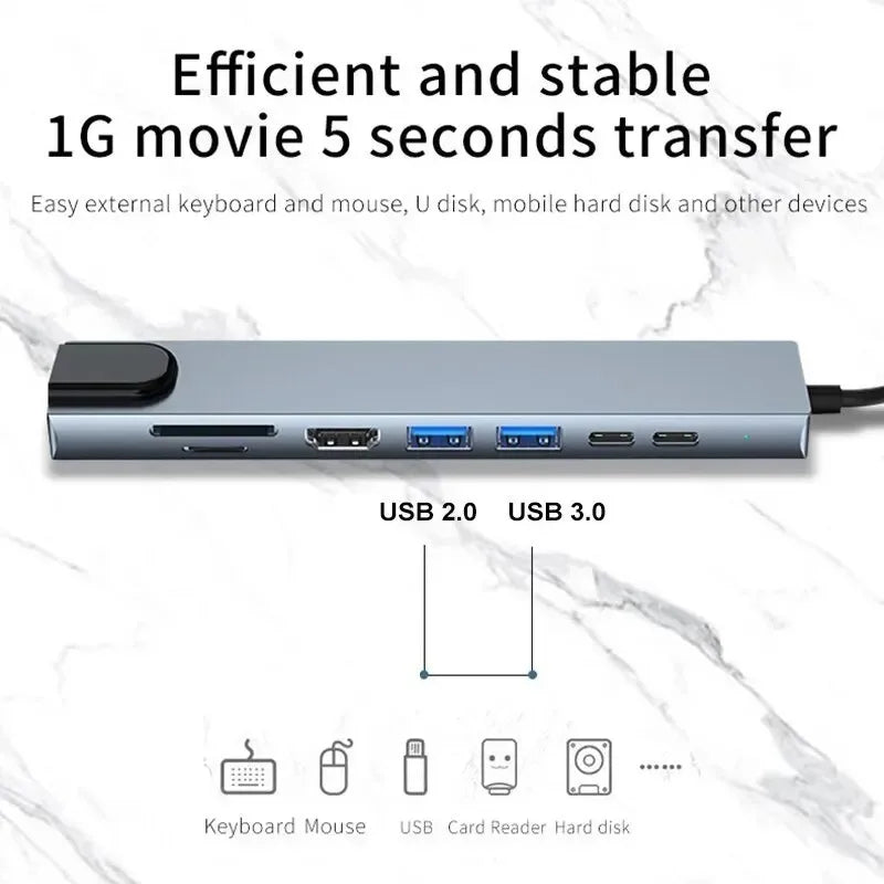 Silver 8-in-1 USB-C hub featuring ports for keyboard, mouse, U disk, mobile hard disk, and other devices.