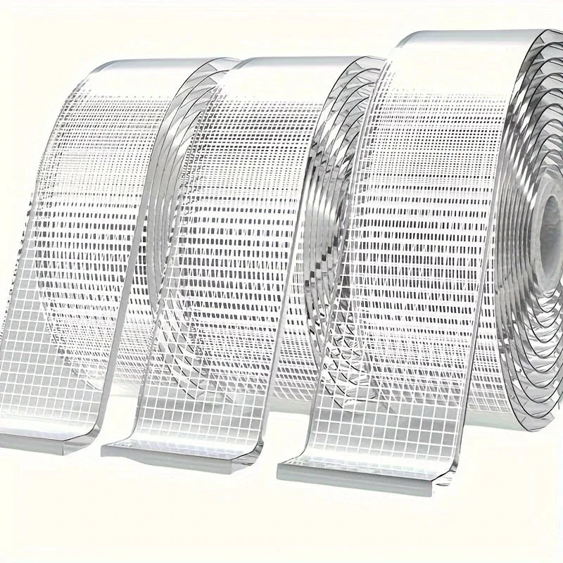 Rolls of heavy duty double-sided transparent mounting tape stacked and displayed