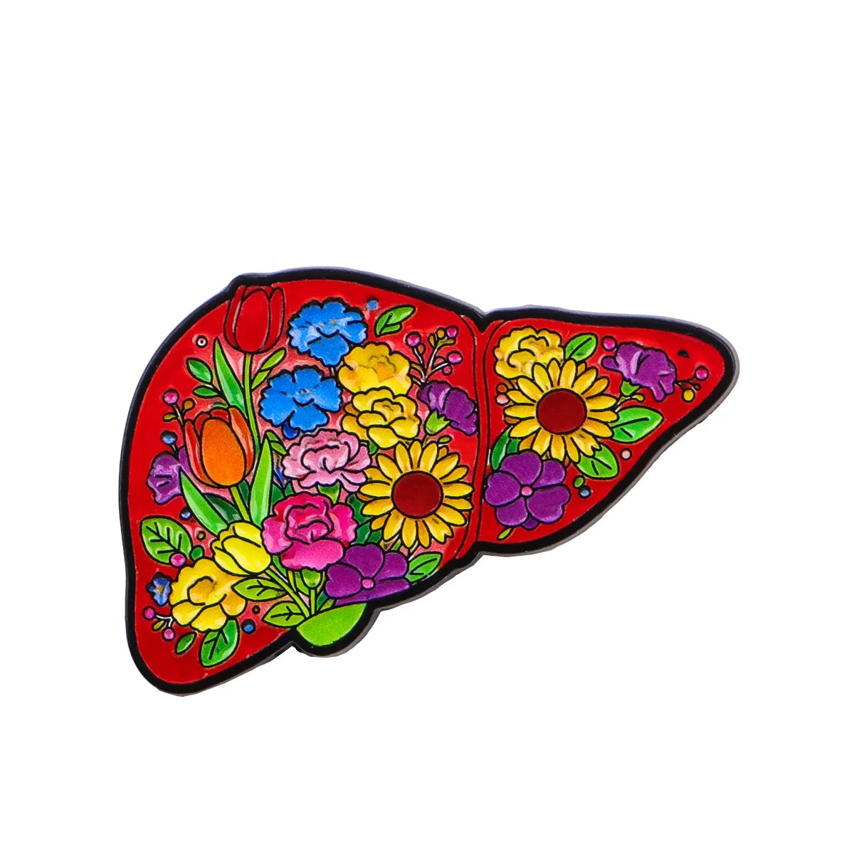 Enamel pin featuring a vibrant floral design with various colored flowers and leaves.