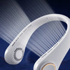 A white hands-free neck fan is shown against a dark background, highlighting its design and air outlets.