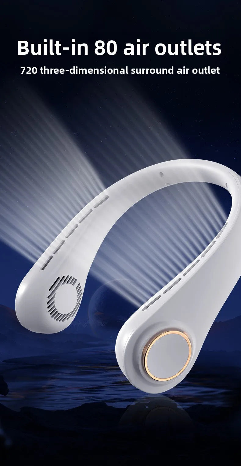A white hands-free neck fan is shown against a dark background, highlighting its design and air outlets.