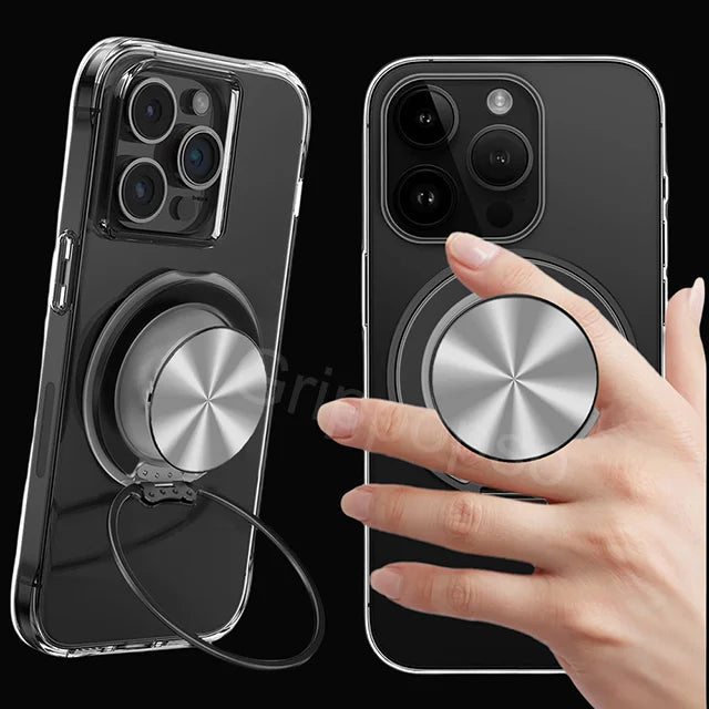 A hand holds a clear phone case featuring a magnetic ring holder and stand with a universal adapter.