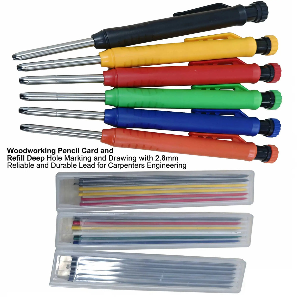 A set of refillable woodworking pencil cards showing various colored markers and lead for carpentry and engineering work.