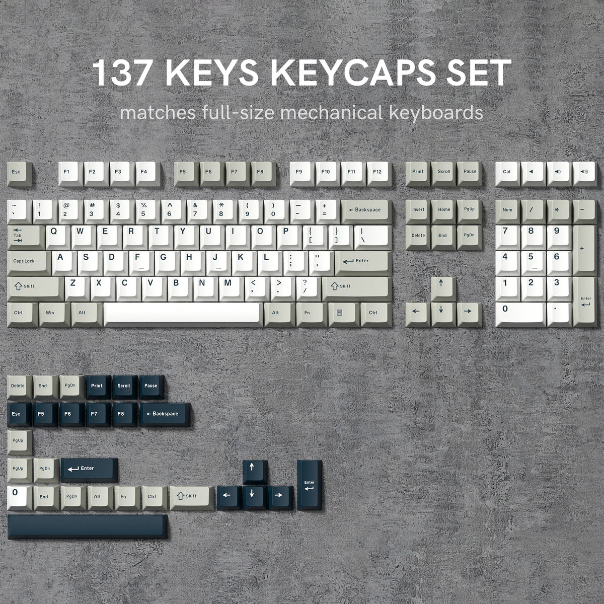 A set of 137 keycaps for full-size mechanical keyboards displayed on a gray background.