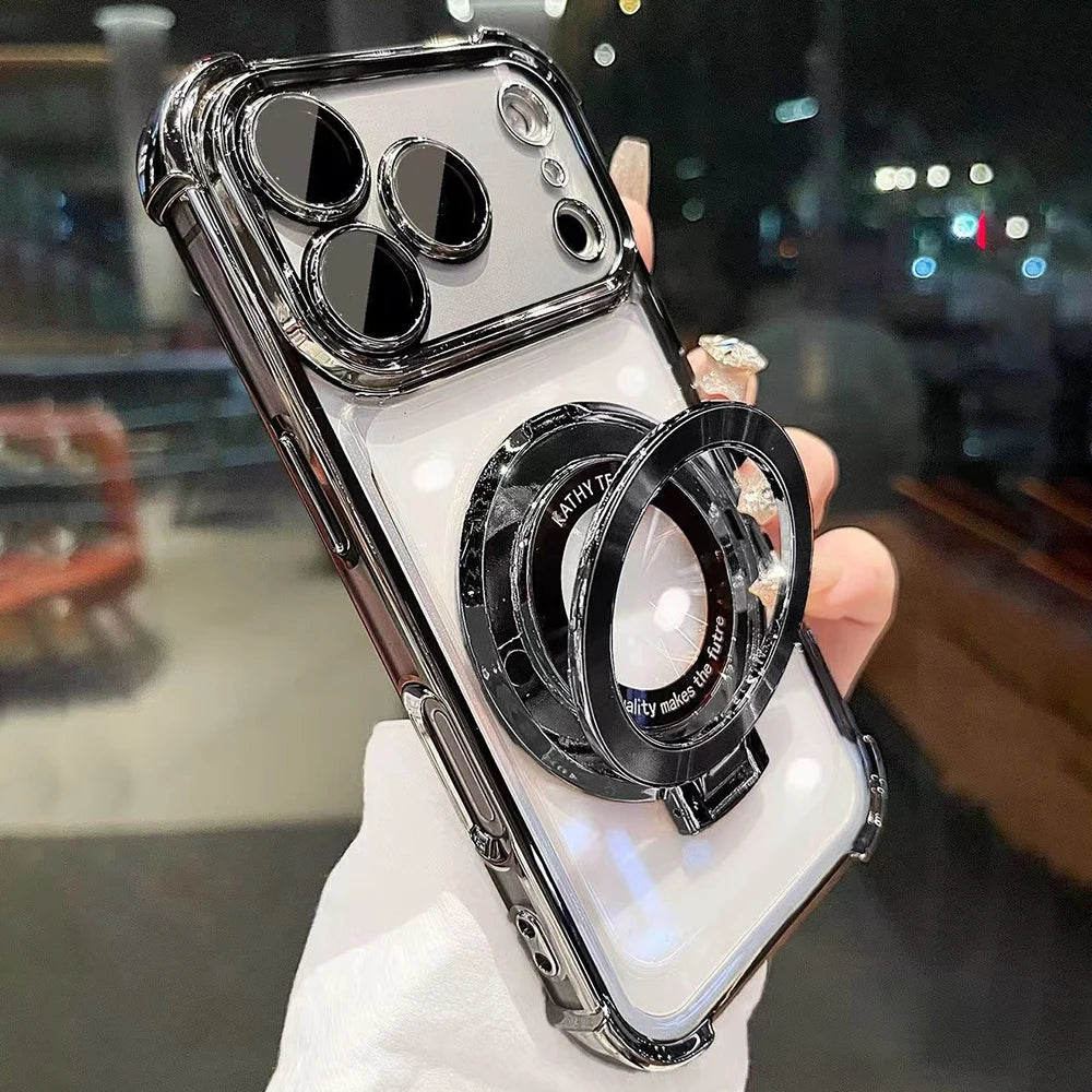 A close-up photo of an iPhone magnetic stand case with a kickstand and lens protection being held by a hand.
