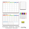 Set of monthly weekly and daily planner sheets with pens and a board eraser