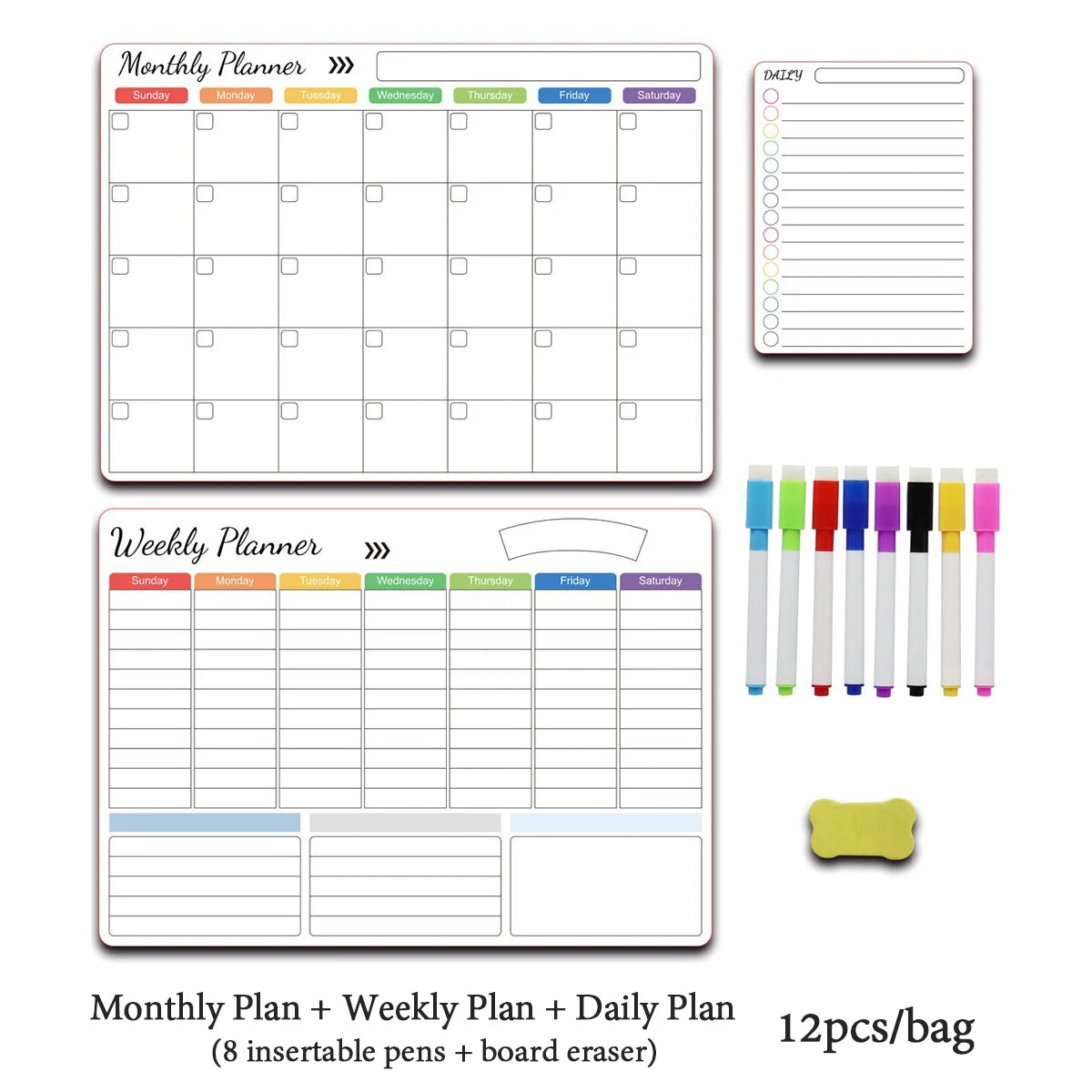 Set of monthly weekly and daily planner sheets with pens and a board eraser