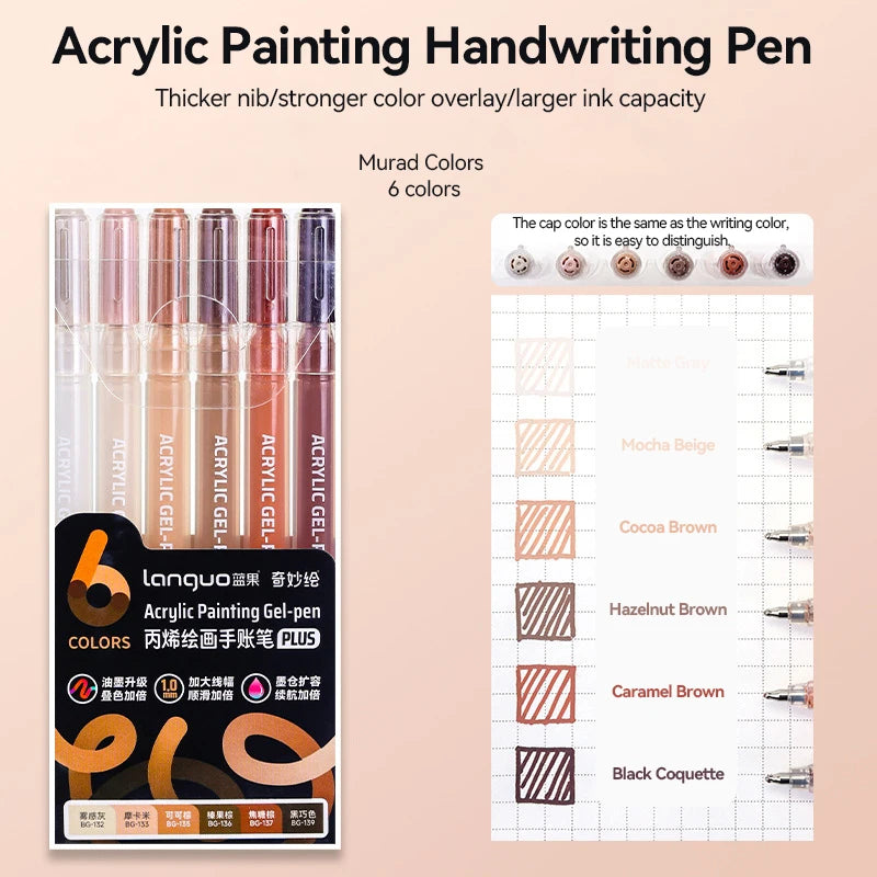 A set of acrylic painting handwriting pens in six colors displayed next to a grid showing color names and corresponding ink s