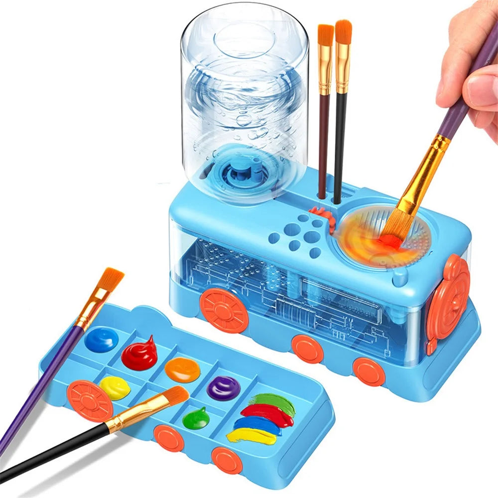 A blue paint brush cleaning set with various brushes and tools is shown on a white background.