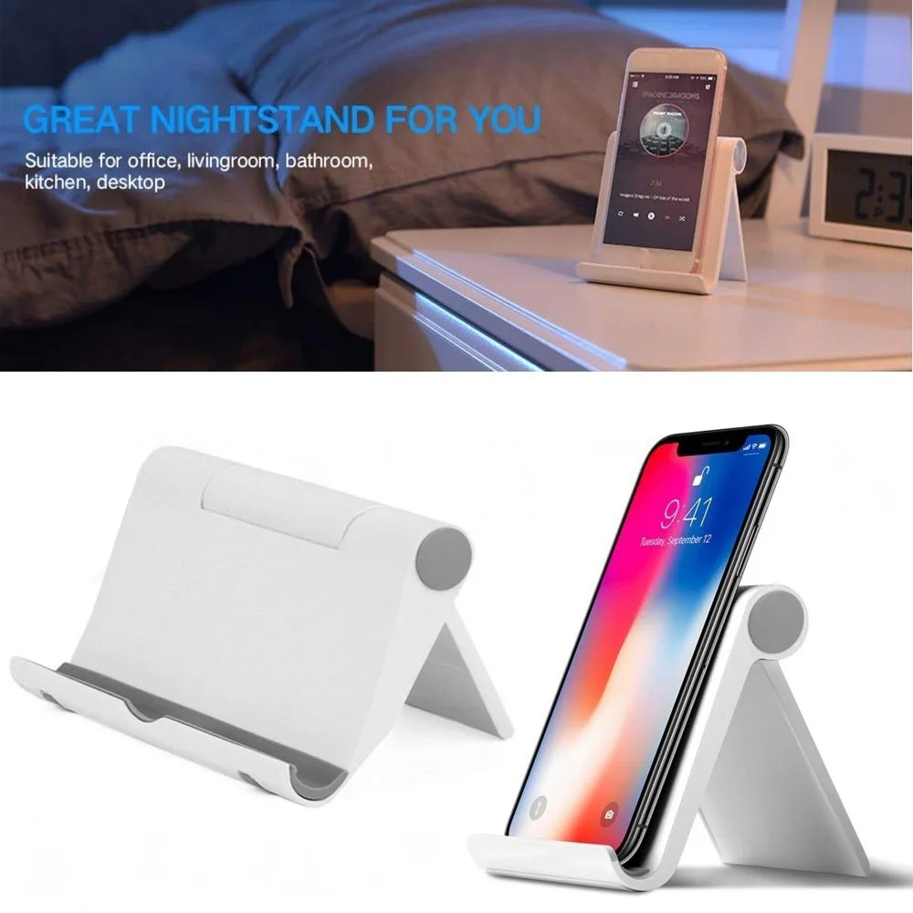 A white flexible multi-angle tablet and phone desk stand shown in various angles.