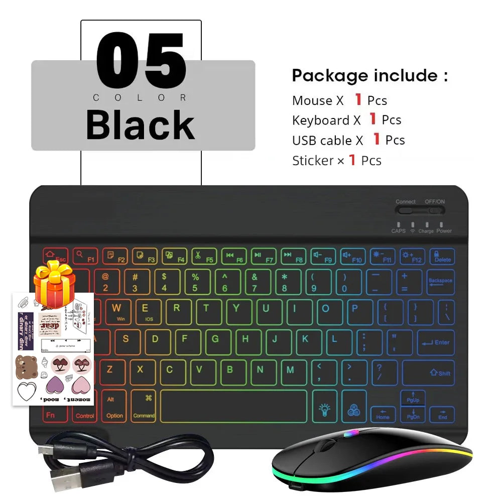 Black portable Bluetooth keyboard and mouse set with USB cable and sticker included