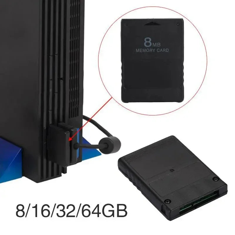 A black universal PS2 memory card is shown with an inset highlighting the memory card and a separate card in various capaciti