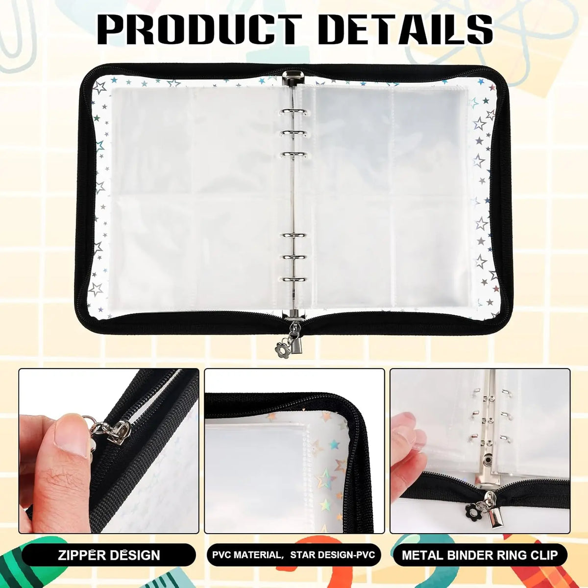 A black A5 sticker organizer binder with clear storage pockets and a zipper design