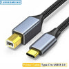 A black USB-C to USB-B printer cable with silver connectors shown against a white background.