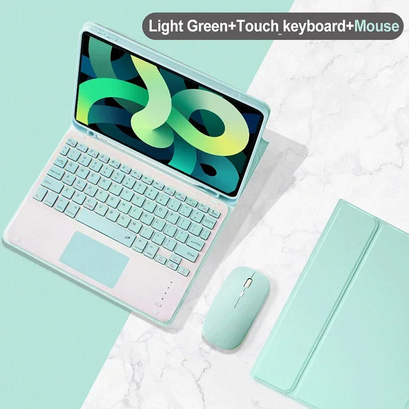 A light green keyboard case for an iPad is shown next to a wireless mouse on a marble surface.