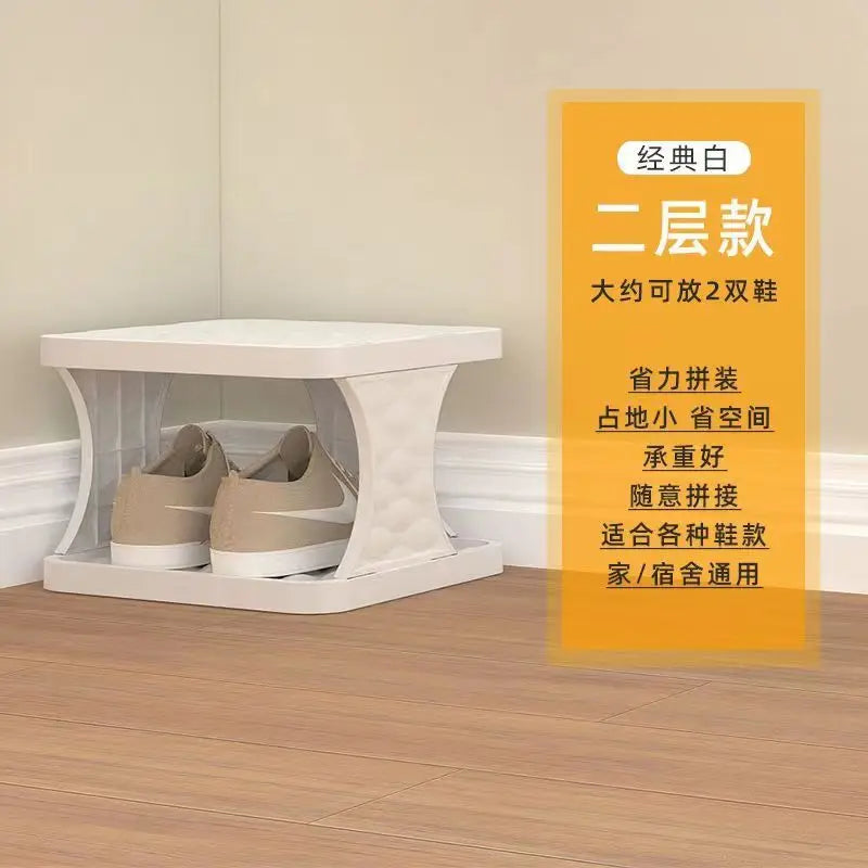 A white plastic shoe rack designed to hold two pairs of shoes, featuring a transparent design and a stand for easy storage.