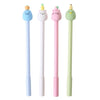 Three cute cartoon fruit gel pens in blue, pink, and green.