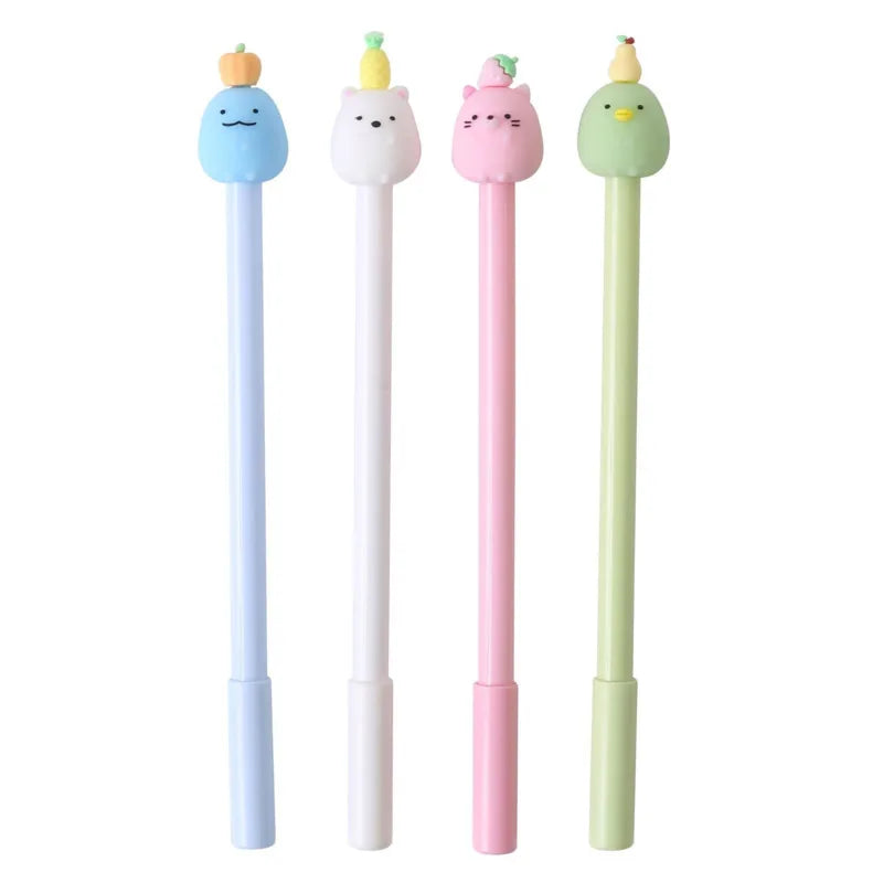 Three cute cartoon fruit gel pens in blue, pink, and green.