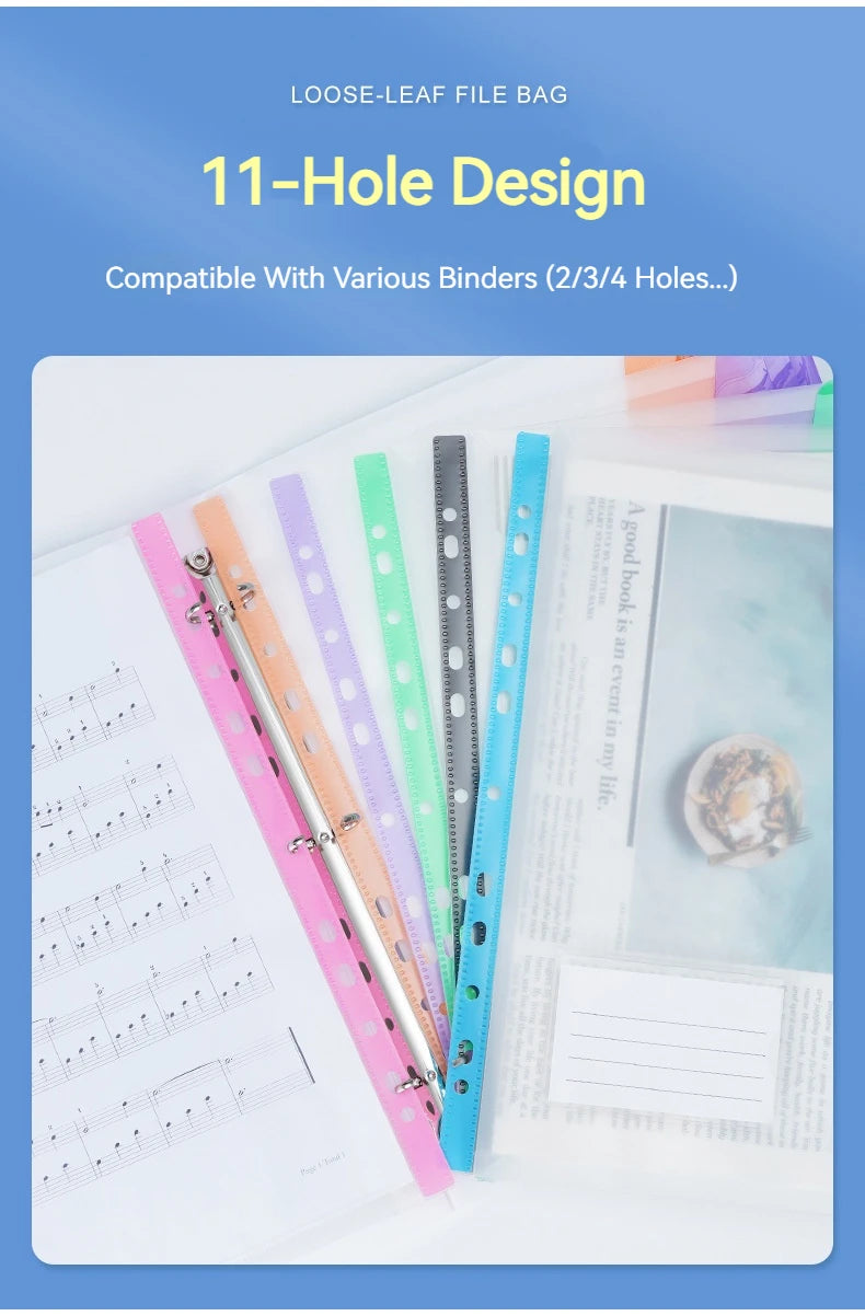 A set of colorful plastic expanding file envelopes with snap buttons shown on an A4 sheet.