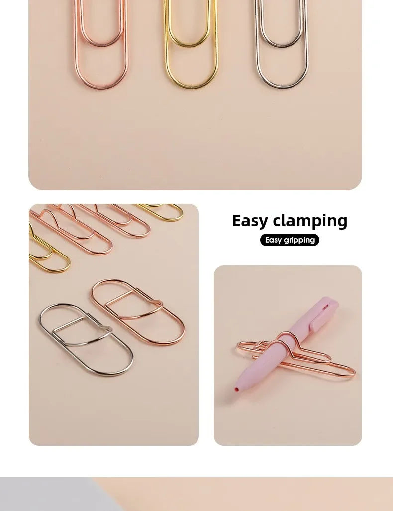 A collection of elegant metal pen clips in rose gold and gold tones shown in various styles for gripping papers.