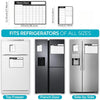 Three refrigerators shown in top freezer, French door, and side-by-side configurations with a chore chart visible on the door