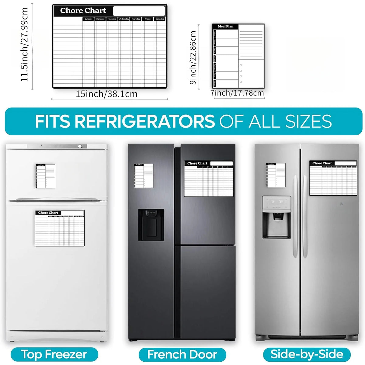 Three refrigerators shown in top freezer, French door, and side-by-side configurations with a chore chart visible on the door