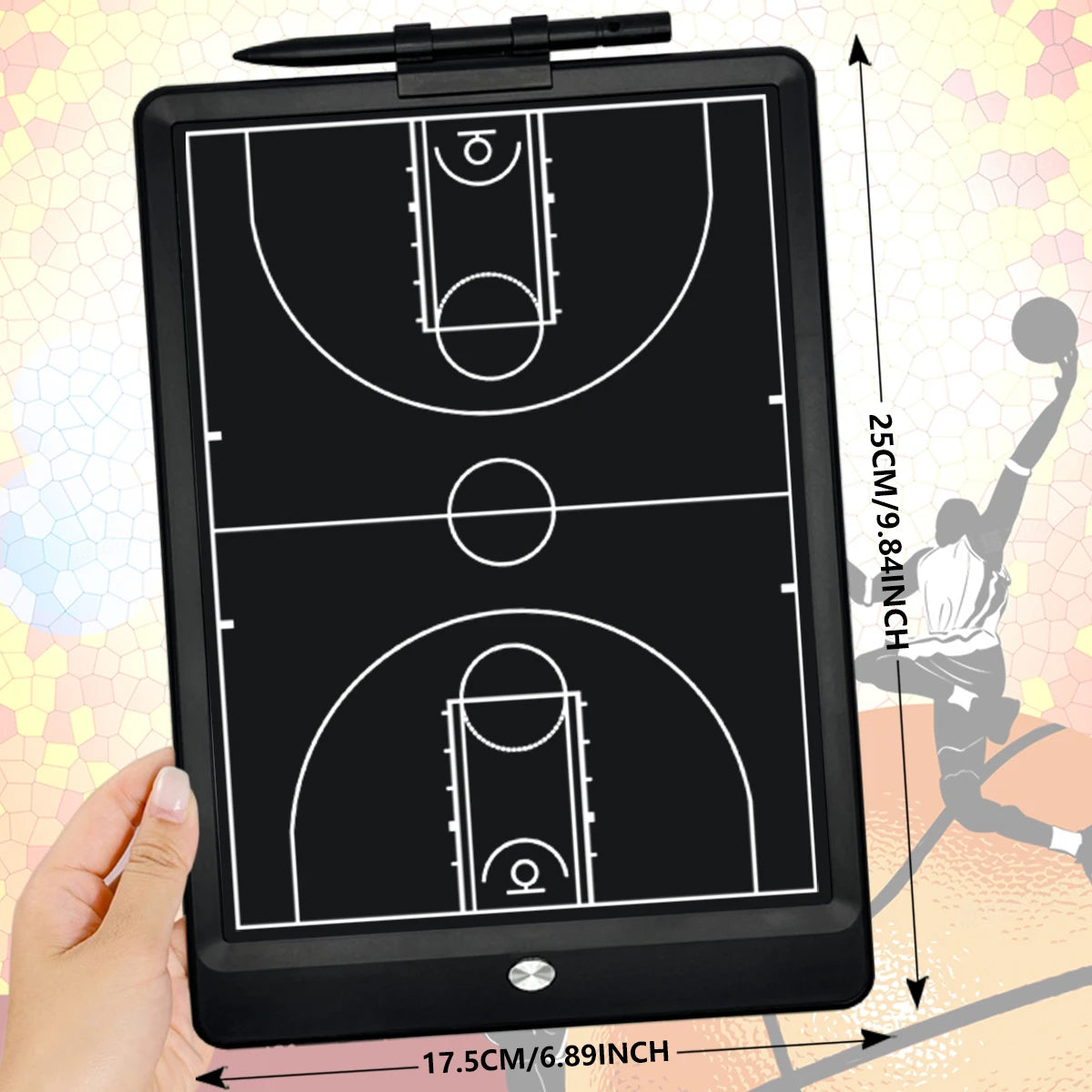 Schwarzes taktisches Strategie-Markierungsbrett mit Basketballplatz-Layout, Linien und Markierungen.