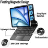 A laptop is shown floating magnetically above an iPad, demonstrating a strong magnetic hold and a thin scissor-switch hinge.