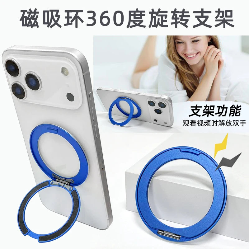 Silbernes iPhone-Halter mit blauer Magnetring, das eine 360-Grad-Drehfunktion demonstriert.