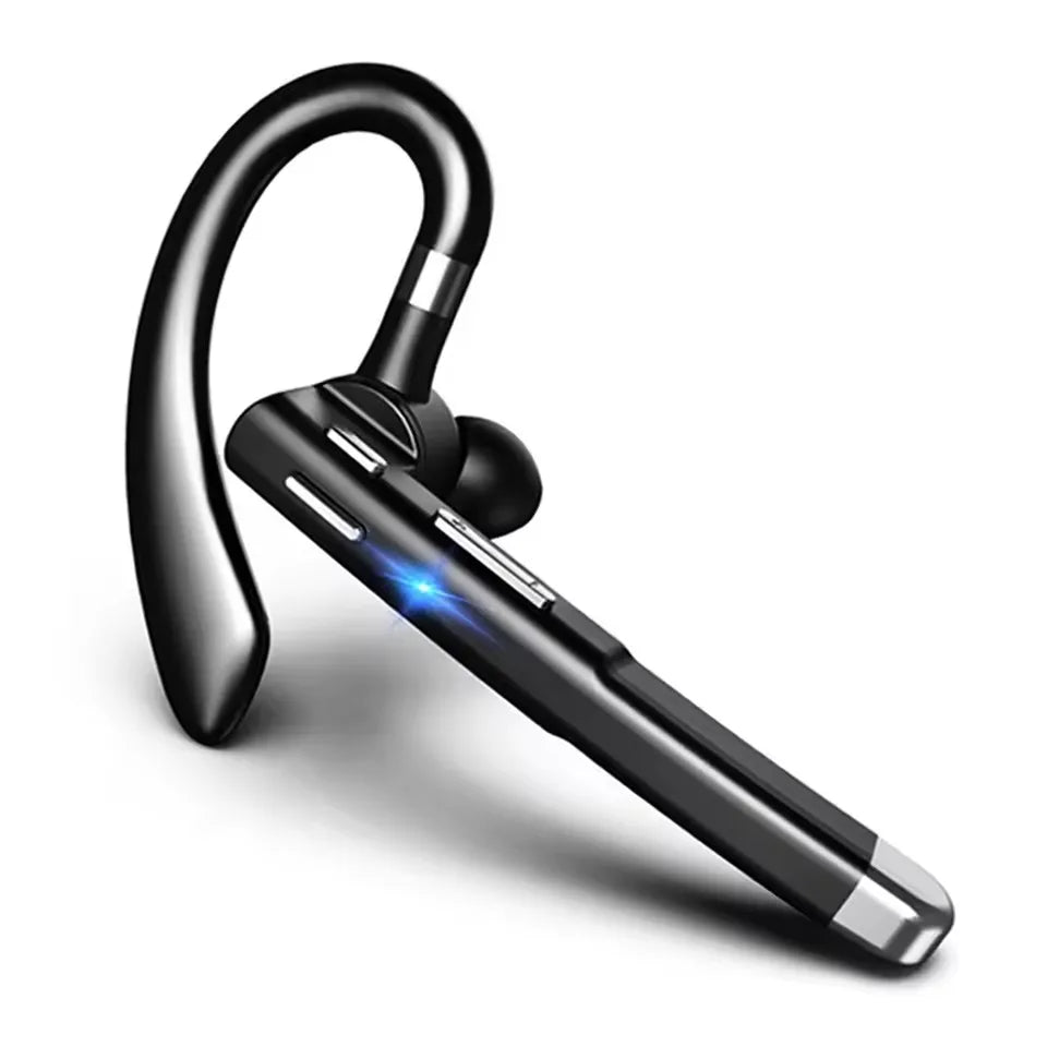 A close-up view of black wireless Bluetooth earphones with a microphone, showing a glowing blue light.