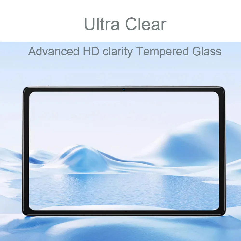 A close-up view of a tablet screen protected by an Ultra Clear tempered glass screen protector, displaying a blue landscape.