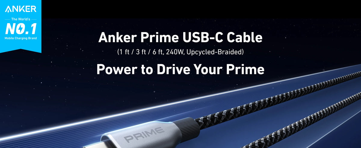 Anker Prime USB-C Kabel mit weißem Stecker und schwarzem geflochtenem Kabel vor dunklem Hintergrund