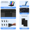 A black magnetic wireless keyboard case with a backlit trackpad and protective sleeve for an iPad.