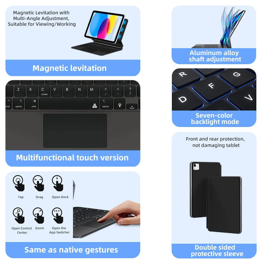 A black magnetic wireless keyboard case with a backlit trackpad and protective sleeve for an iPad.