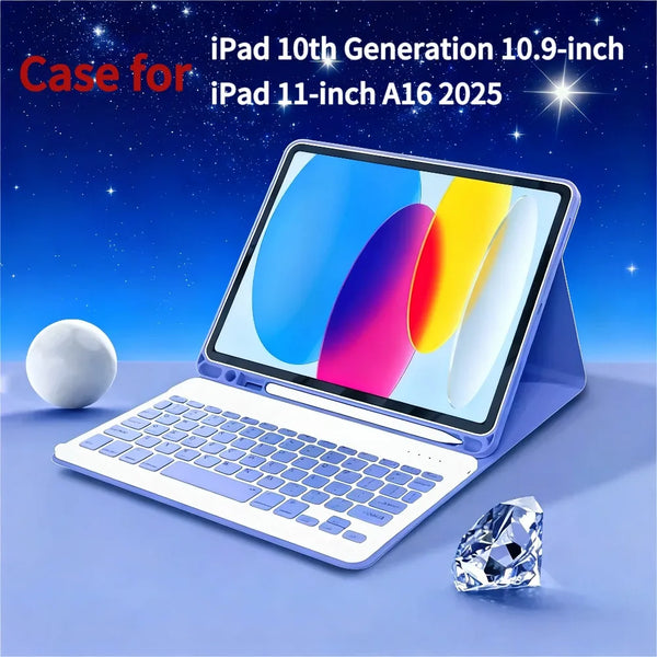A blue iPad 10th Generation is shown with a matching case and detachable Bluetooth keyboard on a light blue surface.