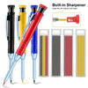 A set of red and blue precision mechanical pencils with built-in sharpeners and various tips.