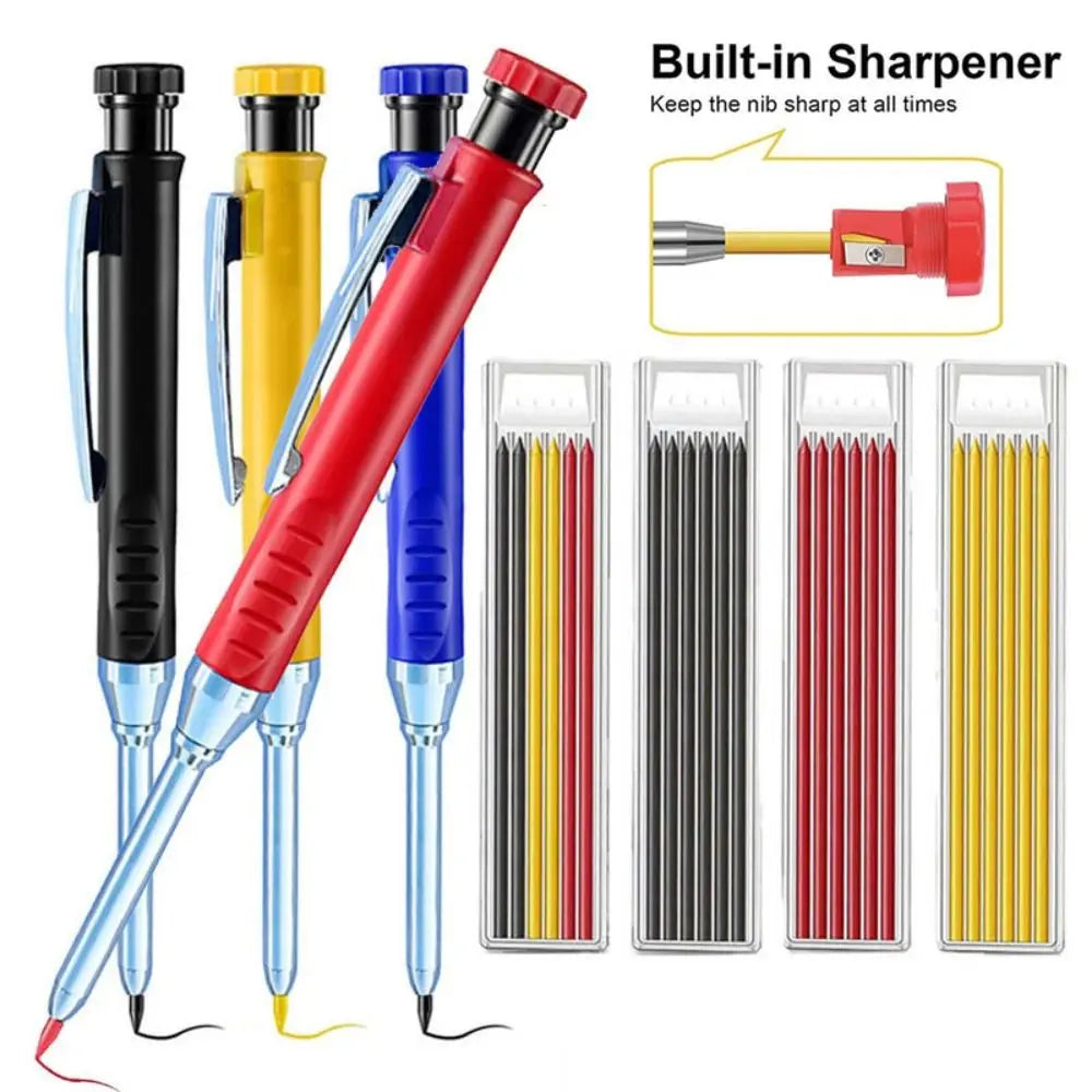 A set of red and blue precision mechanical pencils with built-in sharpeners and various tips.