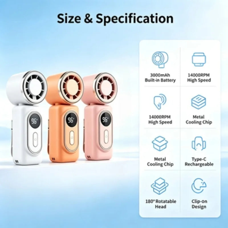 A set of pink and white portable clip-on handheld cooling fans with specifications listed.